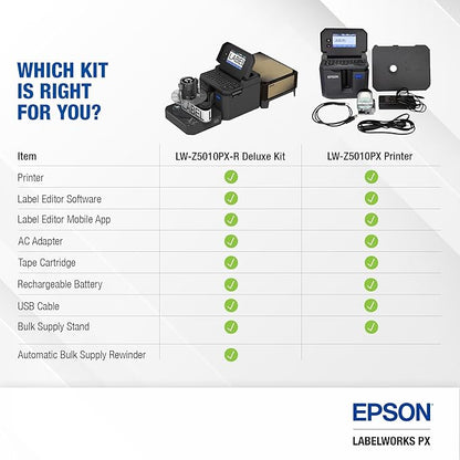 LABELWORKS Epson LW-Z5010PX-B Industrial Label Maker and Bonus Bulk 1" Black on White Vinyl Tape - Complete Printer Kit with Accessories, Bulk Label Roll B224VTBWPX, Desktop Printer
