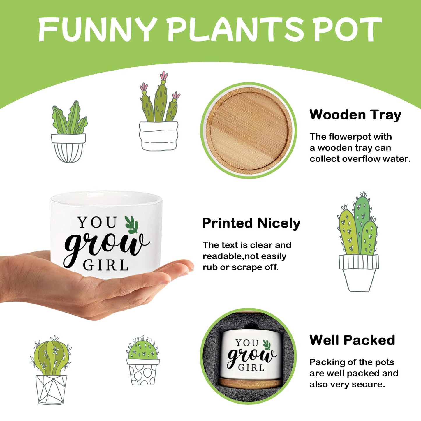 Grow Funny Planters for Indoor Plants, Cute Plant Pots You Grow Girl Succulent Planter Cactus Pot, Ceramic Planter, Appreciation Housewarming Gifts for Women, Friends (3.5 inch Pots, No Plants)