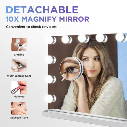 M MIVONDA Hollywood Vanity Mirror with Dimmable 15LED Bulbs Lights 3 Lighting Modes 2in1 Large Lighted Makeup Mirror for Desk and Wall with Plug-in and USB Charger Port