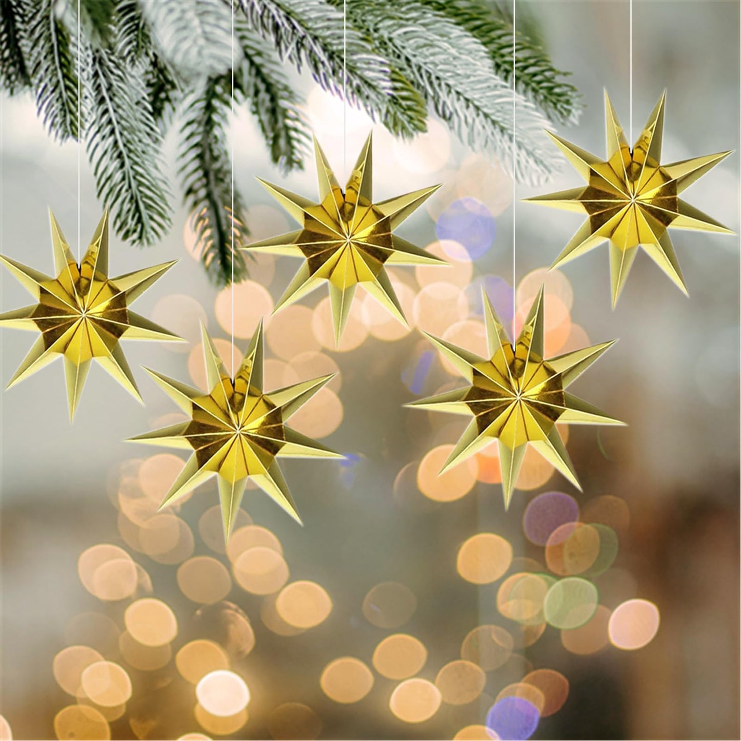 5Pcs Gold Christmas Paper Star,12 Inch Large 9 Pointed Hanging Star Lantern for Xmas Tree,Fireplace,Porch,Birthday Party,Home Decor