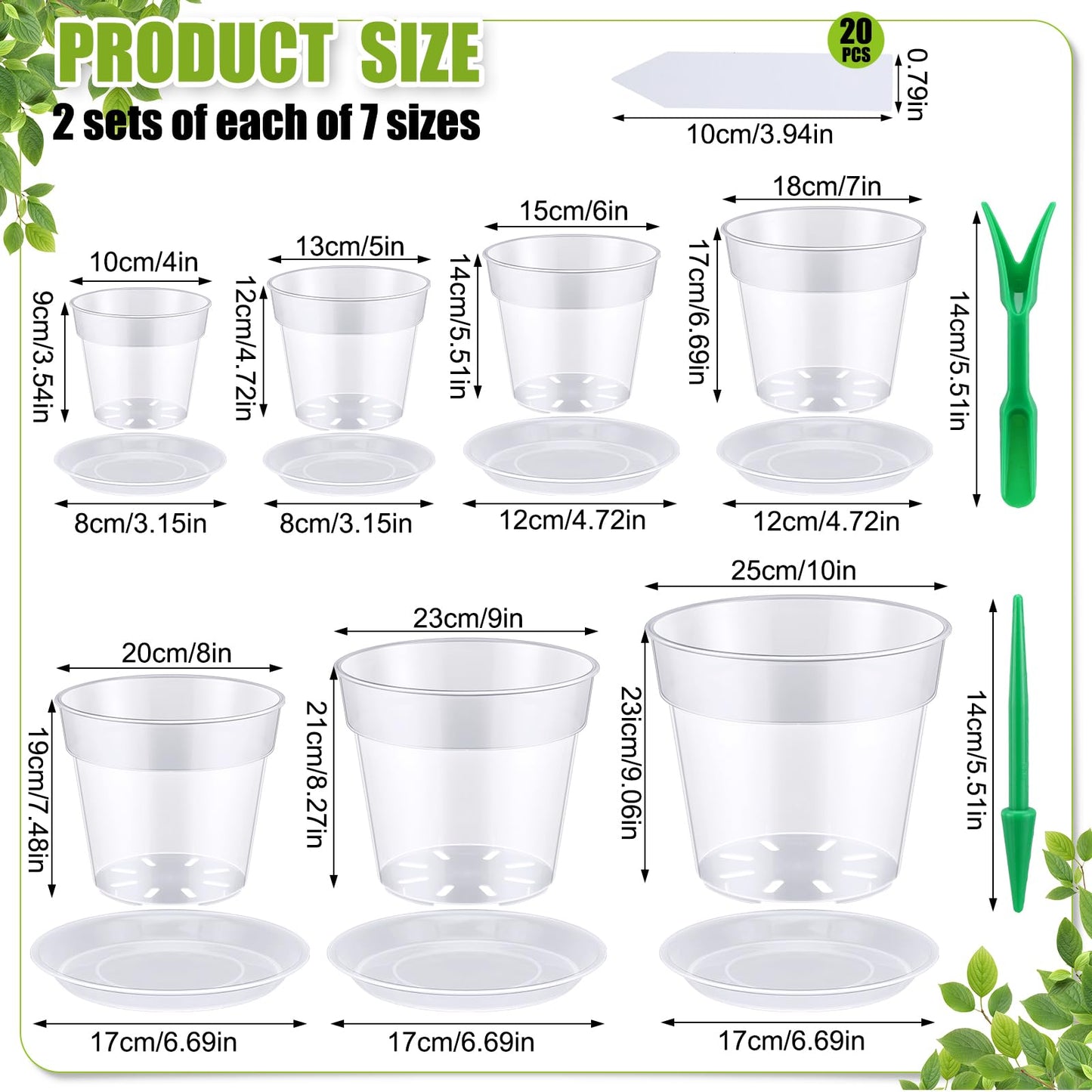Domensi 14 Pack Large Clear Nursery Pots with Drainage 4/5/6/7/8/9/10 Inch Clear Plastic Plant Pots with Saucers Variety Flower Pot with 20 Plant Labels 2 Garden Tools for Planting Seed