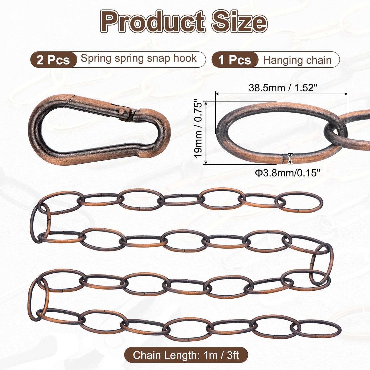 uxcell 3ft Lighting Hanging Chain, 3.8mm/0.15" Looping Metal Pendant Chandelier Chain Extension with 2 Spring Snap Hook for Hanging Plant Pendant Chandelier Light Fixture, Red Bronze