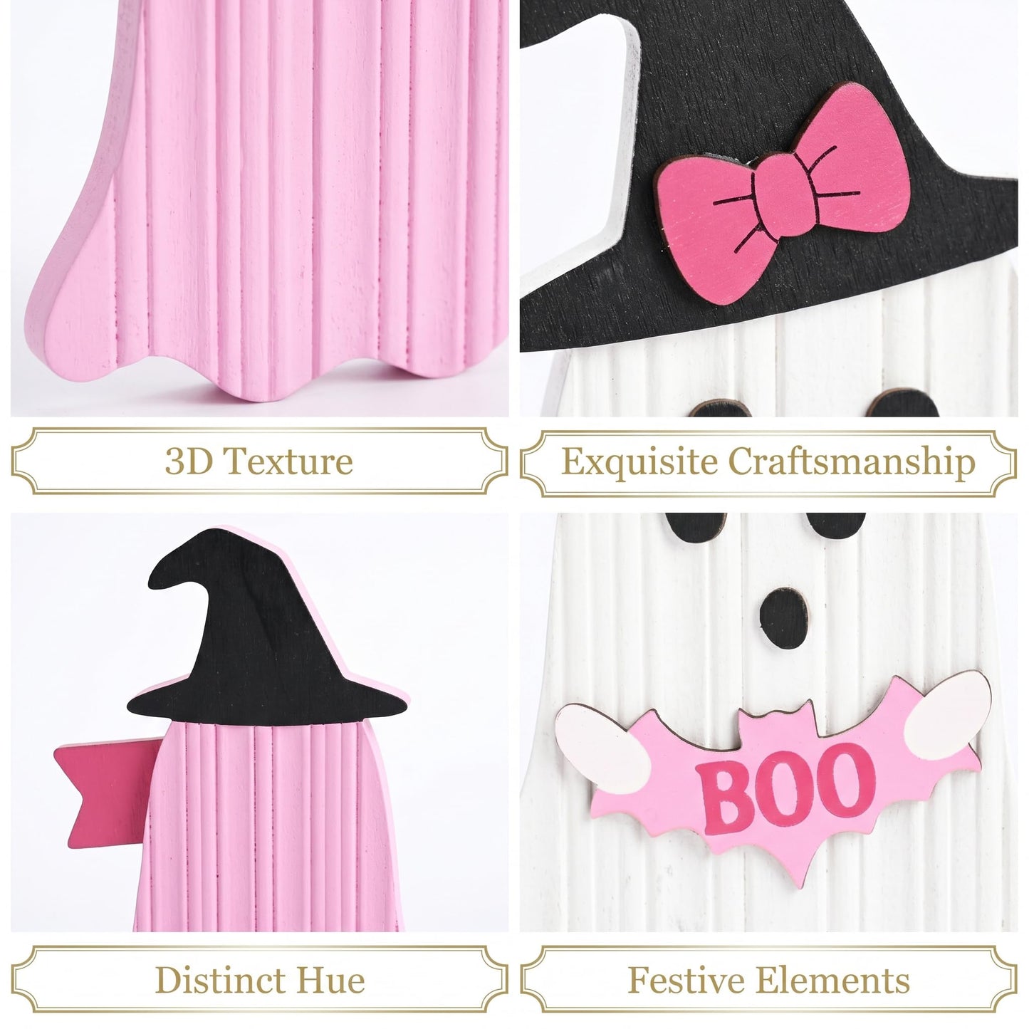 Valery Madelyn Pink Halloween Decorations, Set of 2 Cute Halloween Ghost Decor, Witch Hat Boo & Trick or Treat Wooden Tabletop Signs for Home, Shelf, Tiered Tray Party Display, 7 Inch