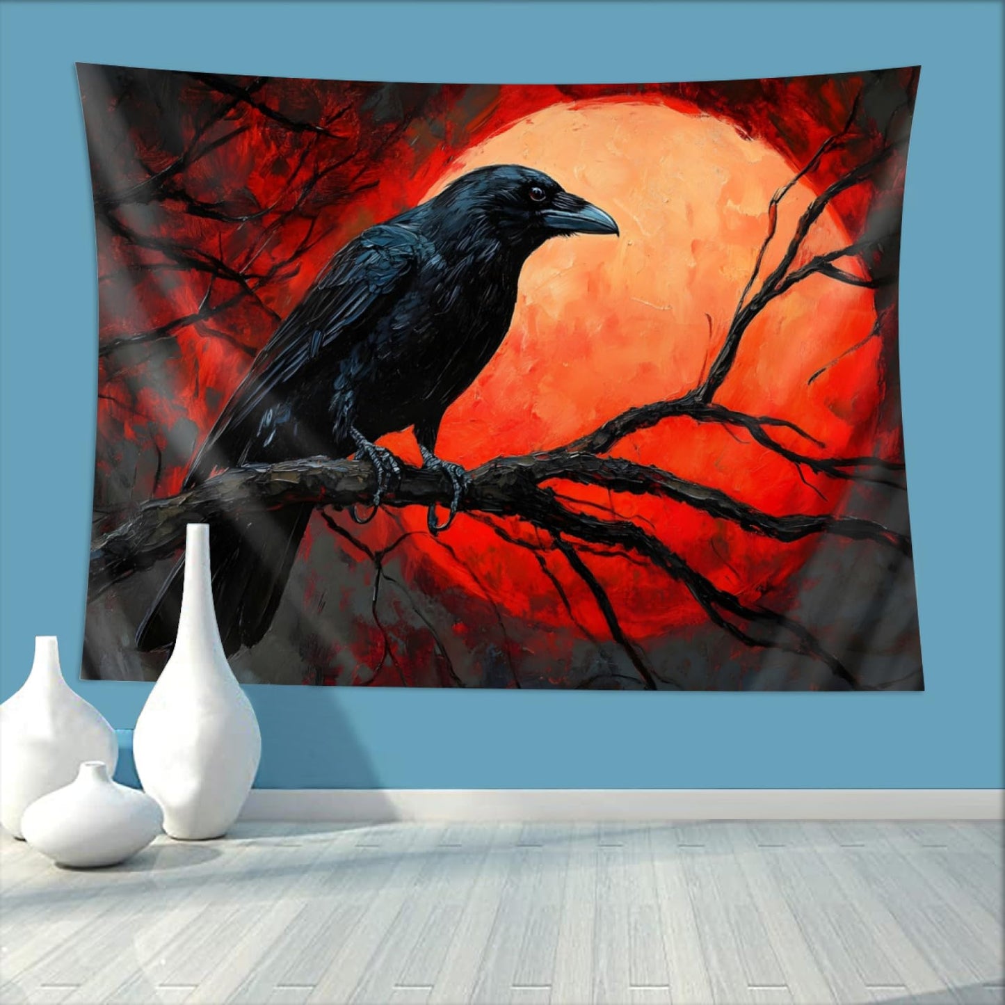 ZKPeFeH Crow Blood Moon Branch Tapestry Crow Tapestrys Raven Halloween Tapestry Gothic Tapestries 50x60 Inch