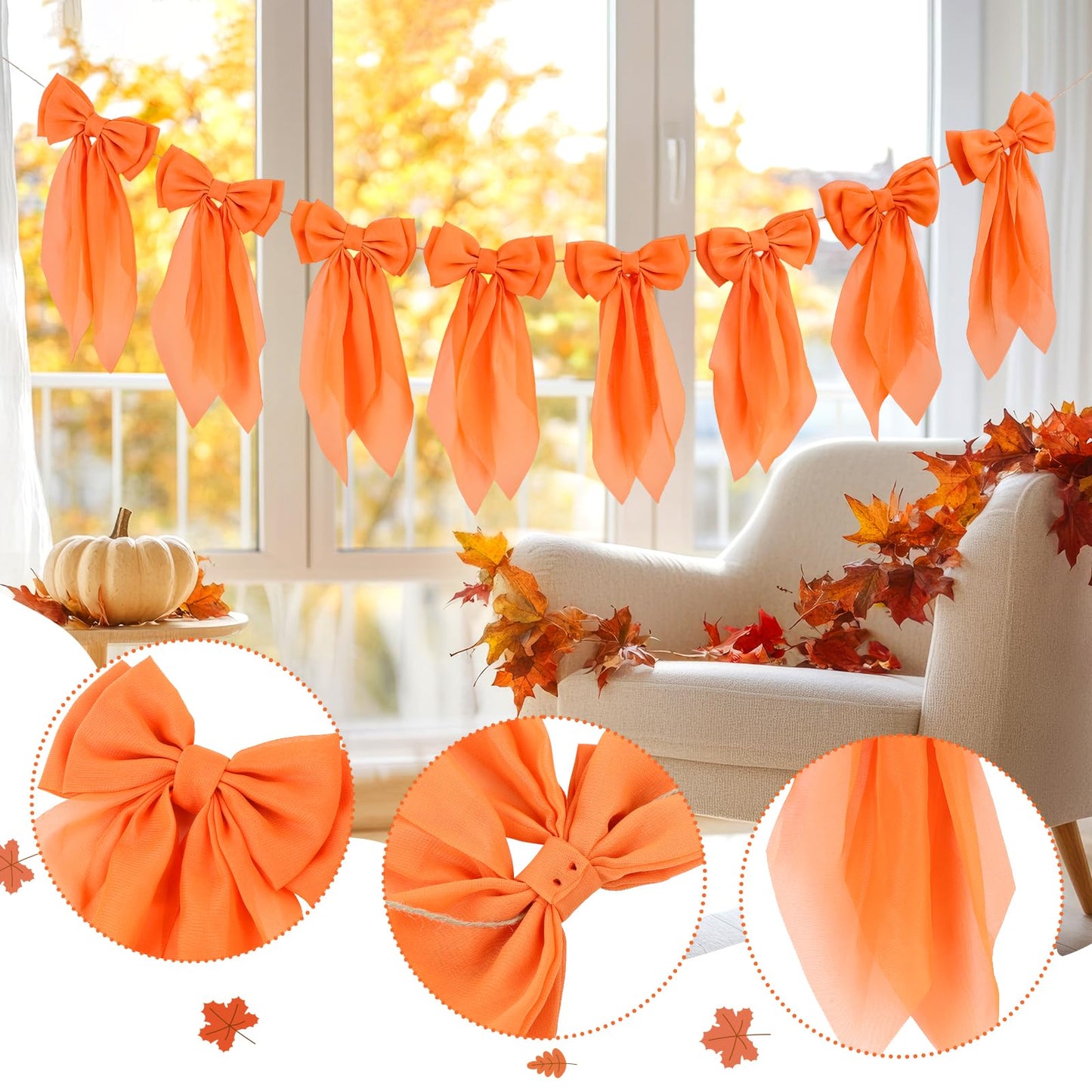 Orange Fall Bow Garland, Autumn Chiffon Bows Garland Thanksgiving Pumpkin Bow Banner Fall Decor for Mantle Fireplace Decor, Home Office Thanksgiving Halloween Harvest Decorations