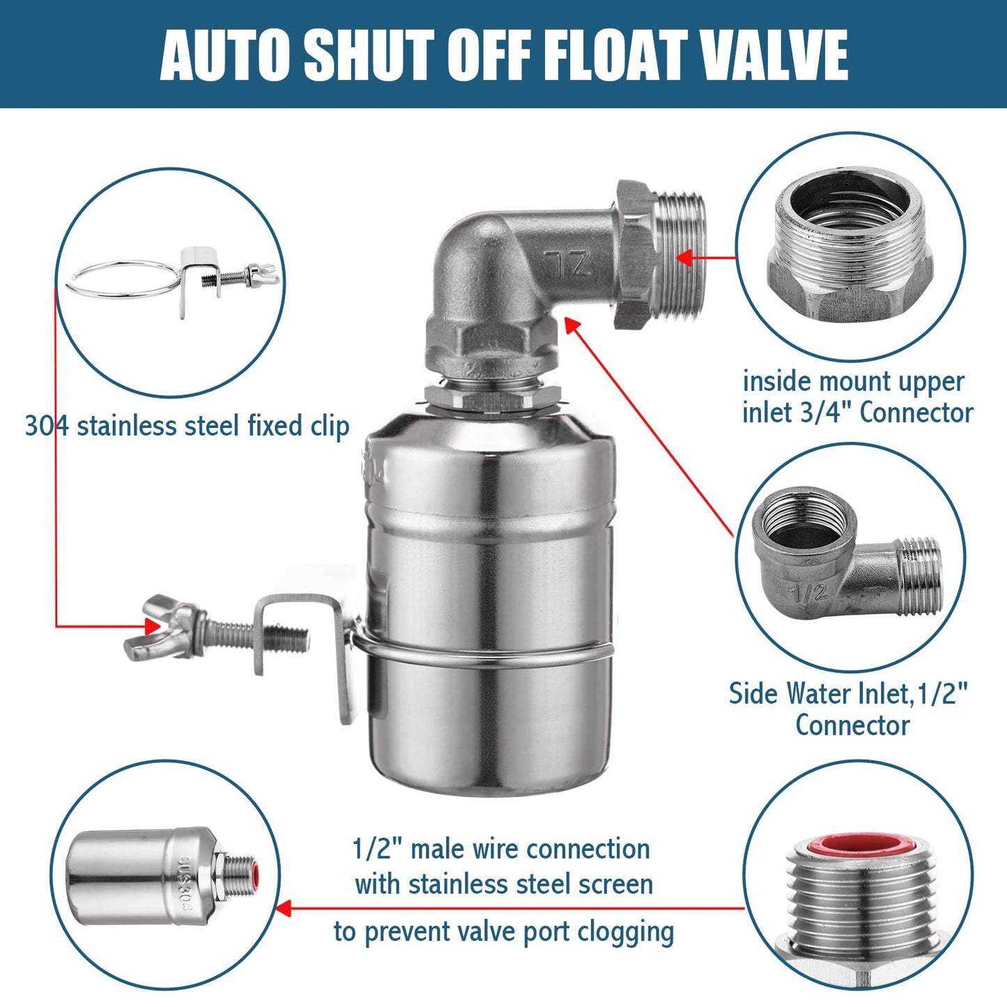 MorningRo 4 Pack Water Float Valve 1/2" to 3/4'' Auto Shut off Water Tank Float Valve 304 Stainless Steel Fully Automatic Level Control for Pool, Livestock Troughs (Regular Style)