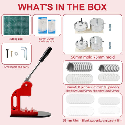 Button Maker Machine Set, Multiple Sizes Button Maker Machine 58+75mm, Push Pull Button Press Machine，Pin Maker Machine with Circle Cutter and Cutting Mat, Come with 200 Button Parts Supplies