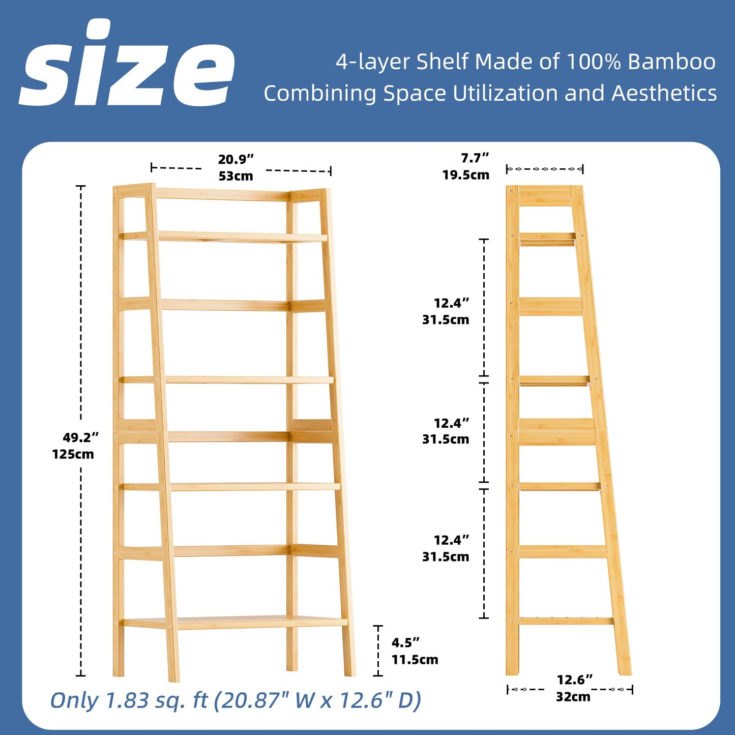 HITNET Ladder Shelf, 4-Tier Bookshelf, Bamboo Leaning Bookcase, Display Storage Rack Organizer, Freestanding Flower Plant Stand for Living Room, Home Office, Kitchen, Natural