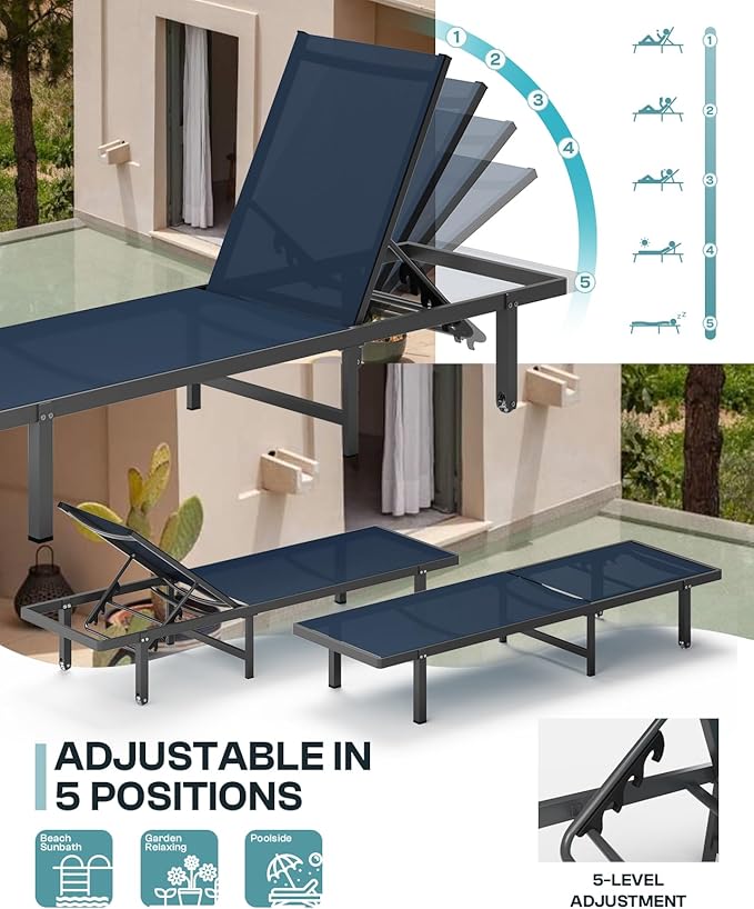 Lounge Chair Outdoor with Wheels, Aluminum Patio Chaise Lounge Chair with 5