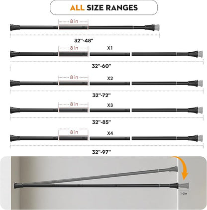 1.1 Inch Diameter Tension Closet Rods for Hanging Clothes 32-97 Inch, Adjustable Pole Closet to Hang Clothes, Heavy Duty Closet bar for Wardrobes with No Drilling Holder, Matte Black