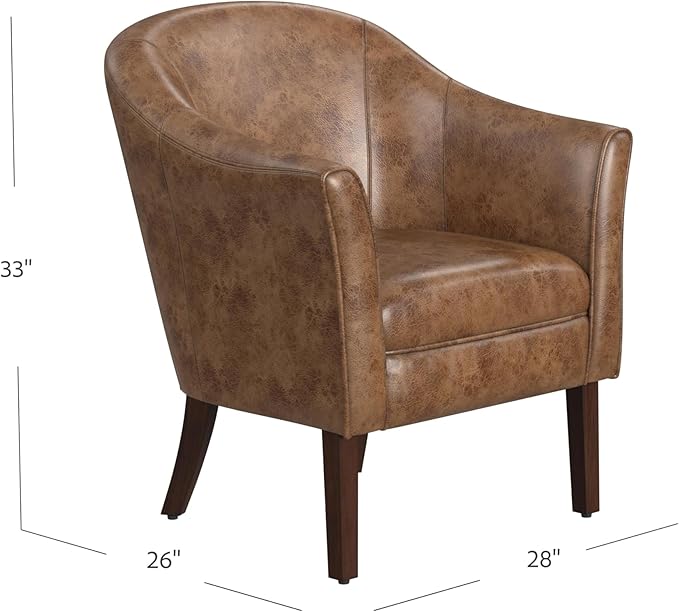 HomePop Modern Barrel Accent Chair, Distressed Brown Faux Leather