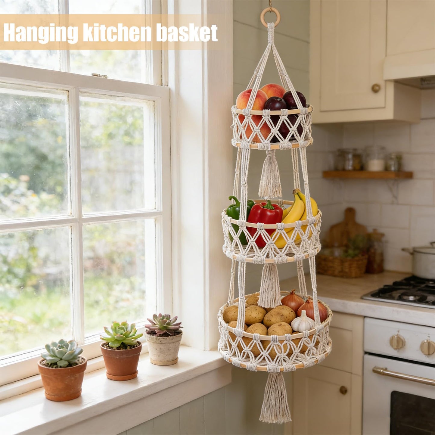 3 Tier Hanging Fruit Baskets for Kitchen, Macrame Plant Hanger Cotton Rope Handwoven Hammock Produce Storage Organizer Basket for Plants Holder, Vegetable, Onion, Potato (White)