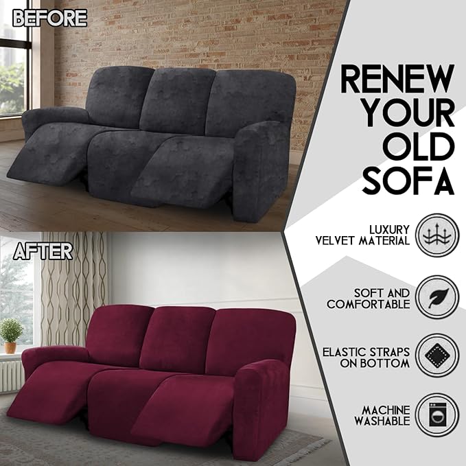 ULTICOR Velvet 8-Pieces Recliner Sofa Covers Stretch Reclining Couch Covers