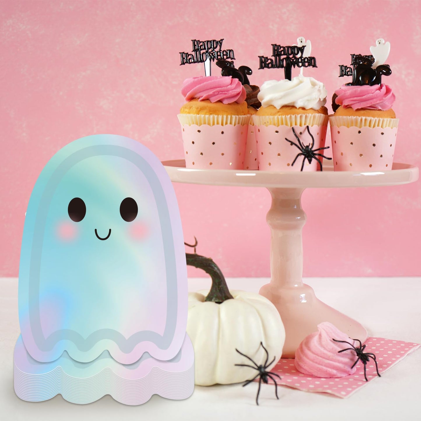 Whaline 40 Pcs Halloween Ghost Paper Plates Iridescent Cute Boo Disposable Plates Foil Ghost Halloween Party Tableware for Birthday Baby Shower Table Decor Supplies