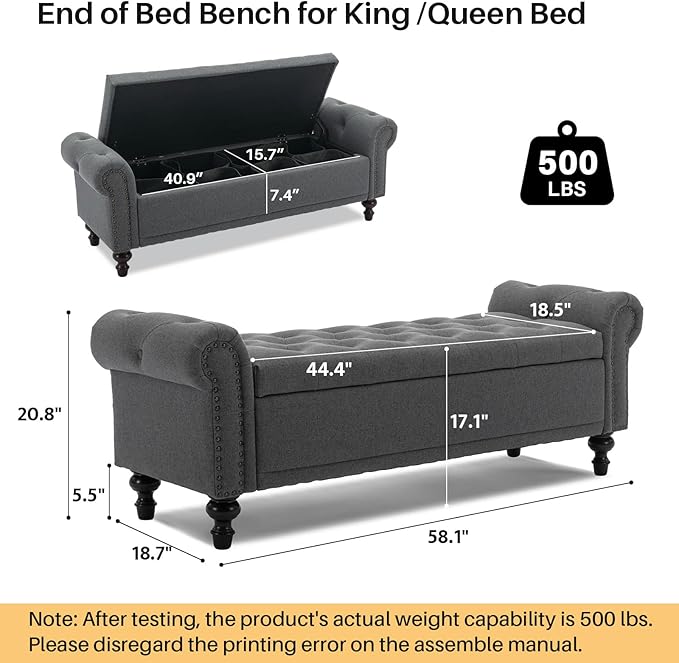 SOFTHION 58.1" Storage Bench Upholstered Linen End of Bedroom Bed Bench Ottoman