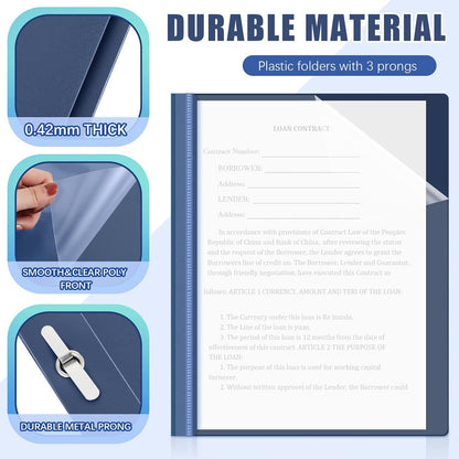 Teling 150 Pcs Plastic Report Covers with 3 Prong Clear Front Resume Folder Business Report Covers Bulk Presentation Folders Clear Front Report Folders for Documents, School, Office(Navy)
