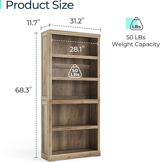 LINSY HOME 5-Shelf Bookcase, Bookshelves Floor Standing Storage Shelves 68 in