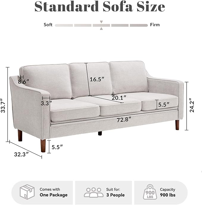 Kingfun 80" Chenille Sofa, 3 Seater Couch, Mid Century Modern Couches