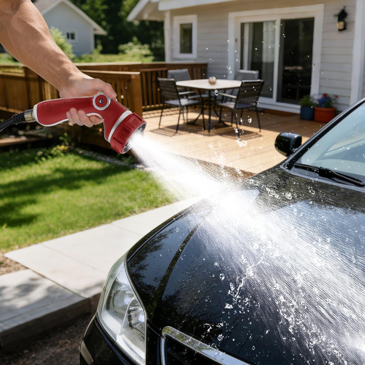 HugeDawn Garden Hose Nozzle with 7 Spray Patterns, Heavy Duty Metal Sprayer 30% Greater Water Flow for Watering, Car Wash, Outdoor Cleaning (Red)