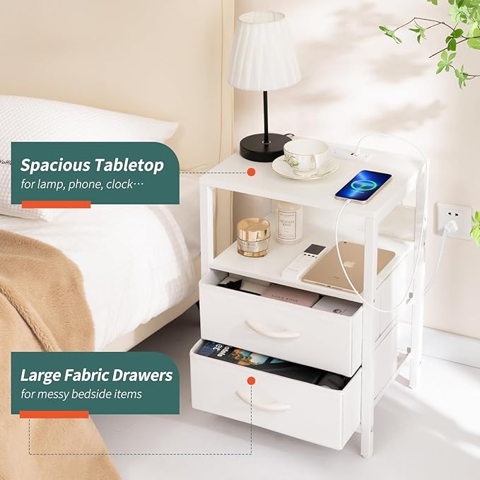 Yoobure Nightstand with Charging Station, LED Night Stand with Fabric Drawers