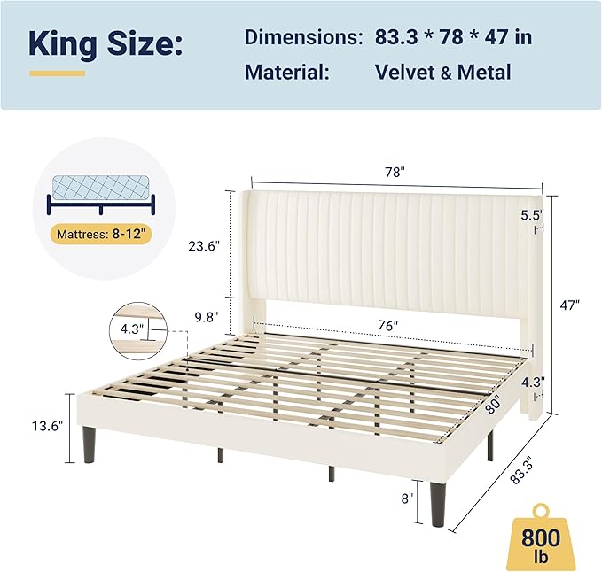 Allewie King Size Velvet Bed Frame/Vertical Channel Tufted Wingback