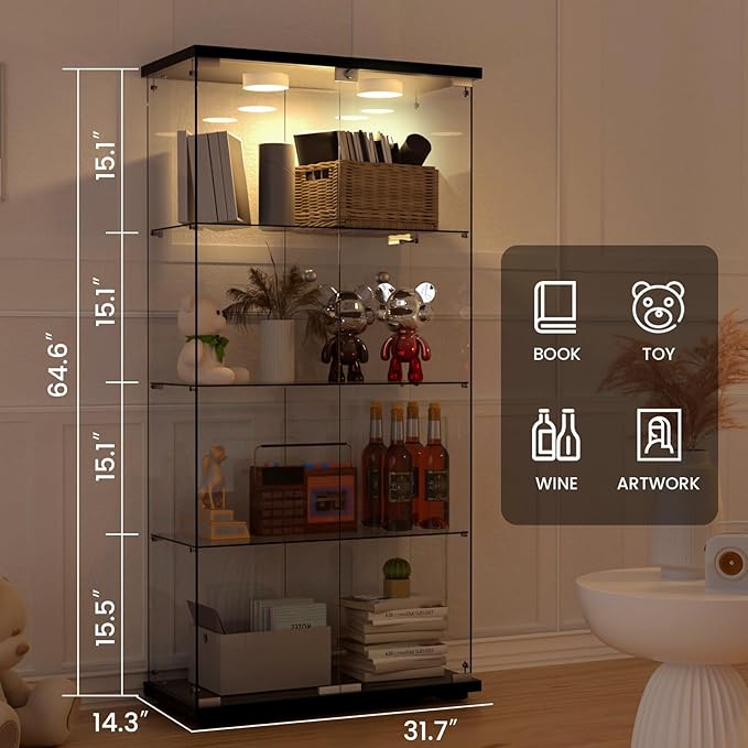 Display Cabinet with Light, Glass Door and Lock, 4-Shelf Fast Installation in