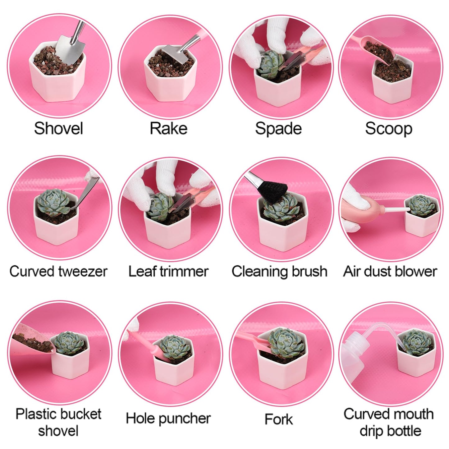 44pcs Small Gardening Tools Gifts for Women Beginners - Garden Hand Tools Set for Indoor Succulent Bonsai Plants Transplanting, Included Bag/Repotting Mat/Shovel/Labels, Pink