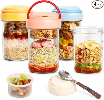Overnight Oats Containers with Handles & Lids – 16oz Glass Mason Jars with Spoons & Fruit Compartments, Chia Pudding Jars with Lids, 4 Sets (Cream, Blue, Yellow, Pink)