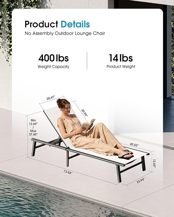 Ciokea Foldable Outdoor Lounge Chair, No Assembly Patio Chaise Lounge Outdoor