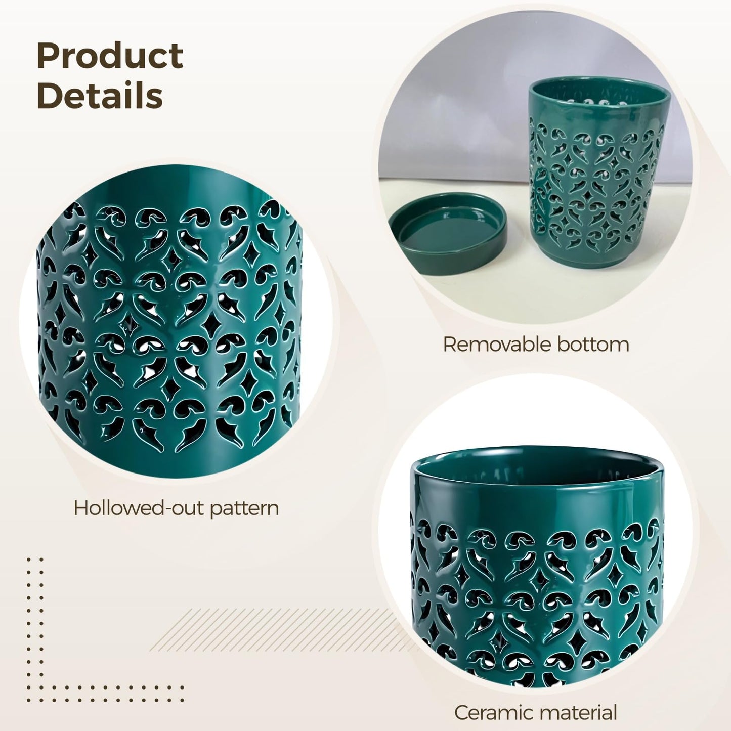Toyosport Hollow Ceramic Decorative Pot, Green Floral Design, 5.5 x 4.1 in/14 x 10.5 cm, Multi-Purpose, Chopsticks Cage, Pen Holder, Indoor Outdoor Flower Pots