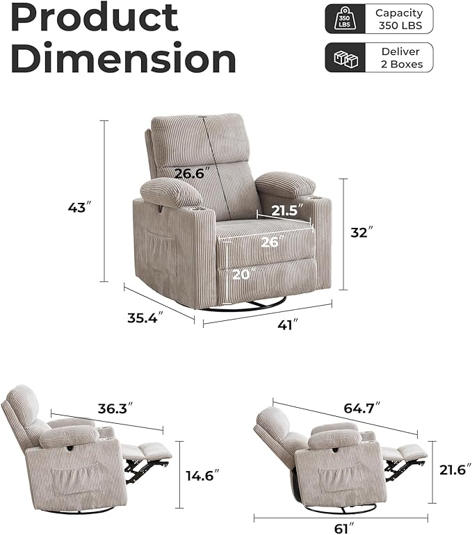 Rocking Chair Nursery with Adjustable Armrests, Electric Glider Recliner