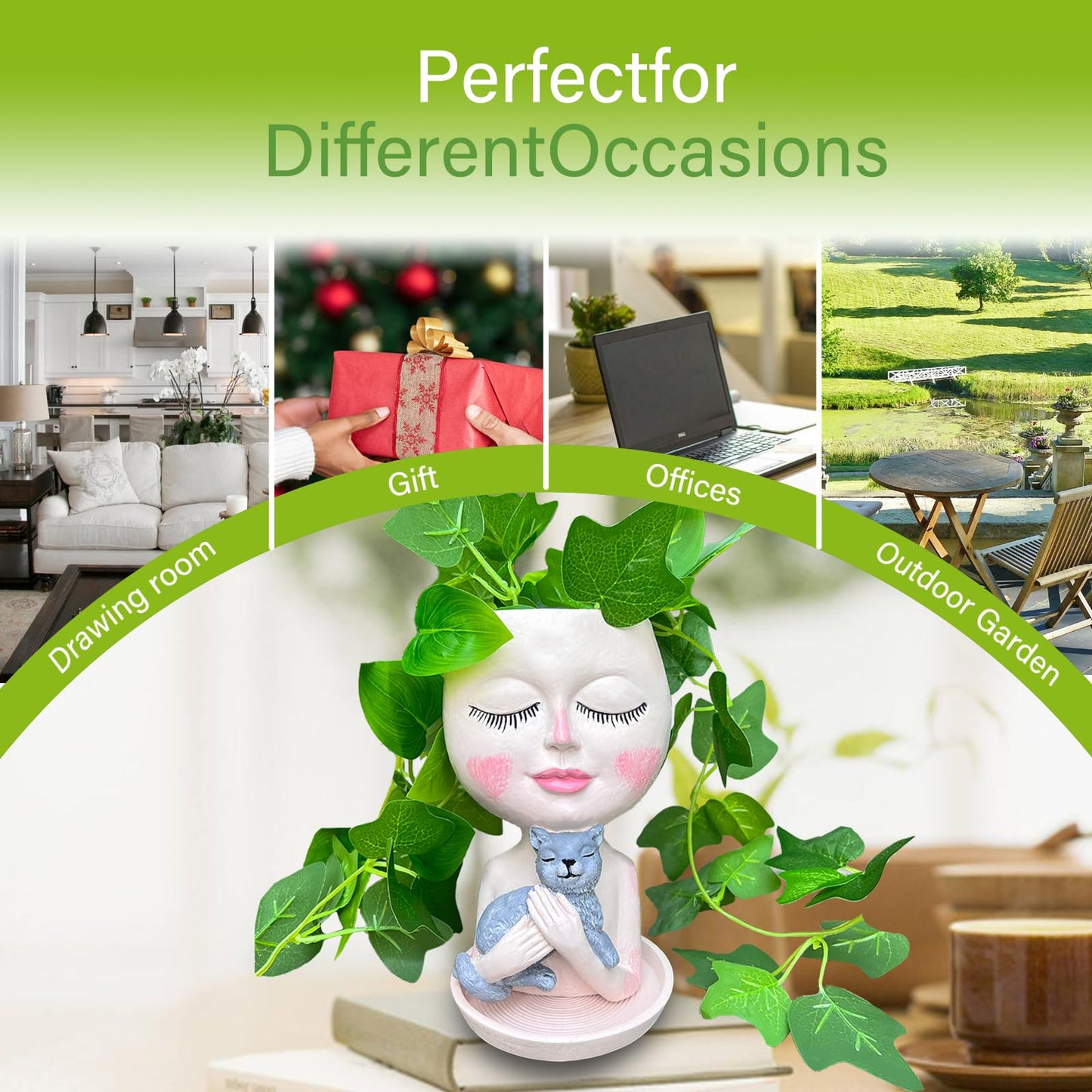 ASDFG Head Planter with Drainage Hole, Resin Art Vase, Cute Lady Hugging Cat Succulent Flower Pots, Unique for Indoor Outdoor Decor, 7.28in