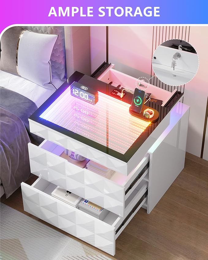 HWB Nightstand with RGB Lights, 3 Drawers Night Stand with Hidden Storage