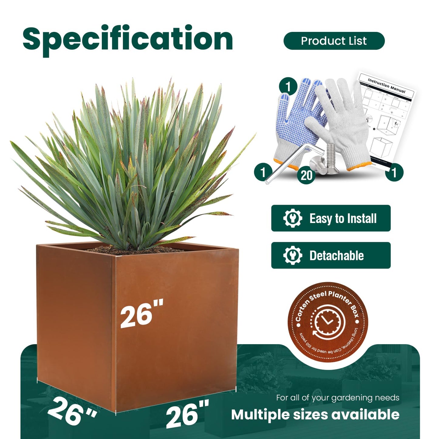 GZGNEEVL Corten Steel Planter Box Metal Square Planters 26 Inch Steel Large Outdoor Planter Tall Plant for Commercial Residential Patio and Backyard