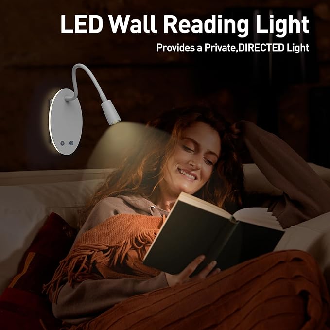 Rechargeable Cordless Reading Light, 360° Adjustable Bedside Lamp, 3 Color Stepless Dimming Night Light, 40H Runtime with Eye-Care, Memory Function, USB Output, Wall-Mounted & Detachable(2pcs)