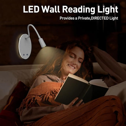 Rechargeable Cordless Reading Light, 360° Adjustable Bedside Lamp, 3 Color Stepless Dimming Night Light, 40H Runtime with Eye-Care, Memory Function, USB Output, Wall-Mounted & Detachable(2pcs)