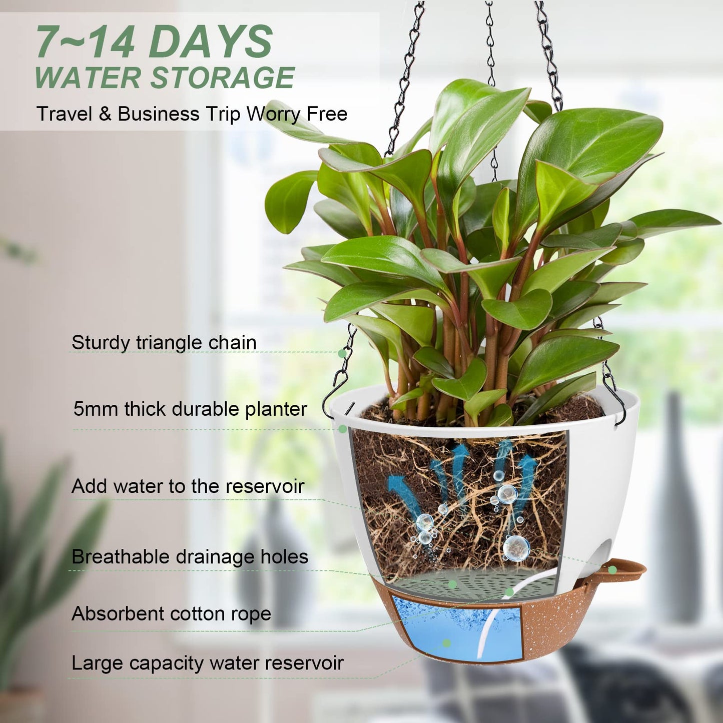Vanslogreen Hanging Planters for Indoor Outdoor Plants, 2 Pack Self Watering Hanging Pot with Drainage Holes & Removable Tray (White, 6'')