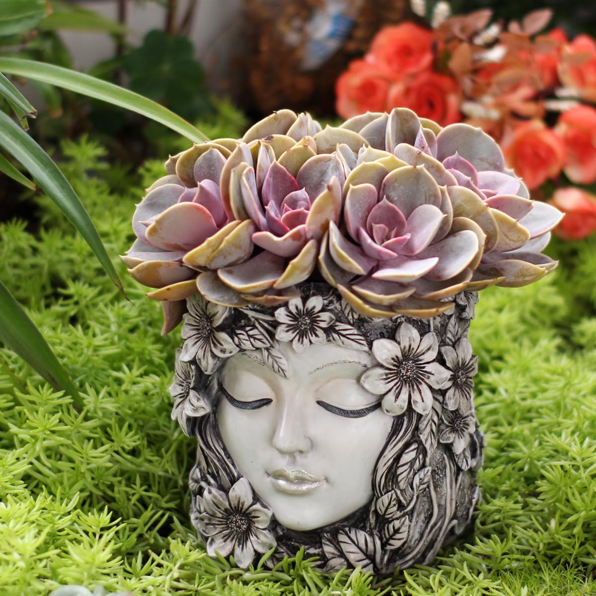 Bohemian Resin Face Planter Pot with Floral Design, Unique Human Head Succulent Pot with Drainage Hole, Weatherproof Lady Face Vase for Indoor Home, Outdoor Garden, Balcony & Desktop Greenery Decor