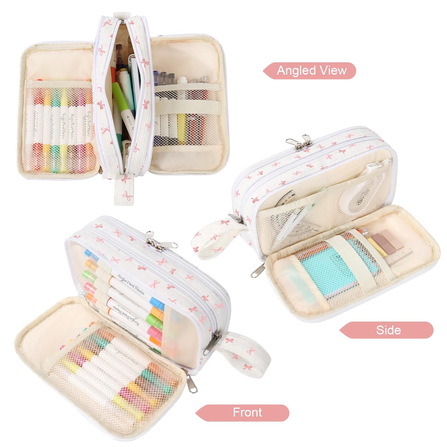 BuyCard Large Capacity Cute Pencil Case, Aesthetic Pen Pouch, White with Pink Bow Pattern Pencil Bag, Kawaii Stationery Storage and Organizer, Supplies for Teen and Adult Girls