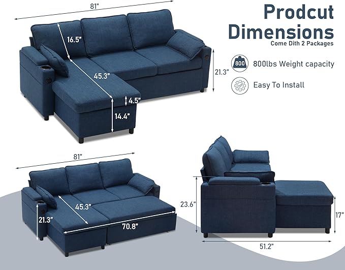 DURASPACE Sofa Bed Sleeper Pull Out 2 in 1 Sectional Sleeper Sofa Couches