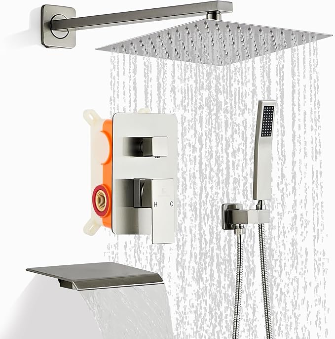 Brushed Nickel Rainfall Shower Faucet Set with Tub Spout 10 Inch, Shower Head and Handle with 2 Hooks, Rain Shower and Handheld Shower System Square Wall Mount for Bathroom
