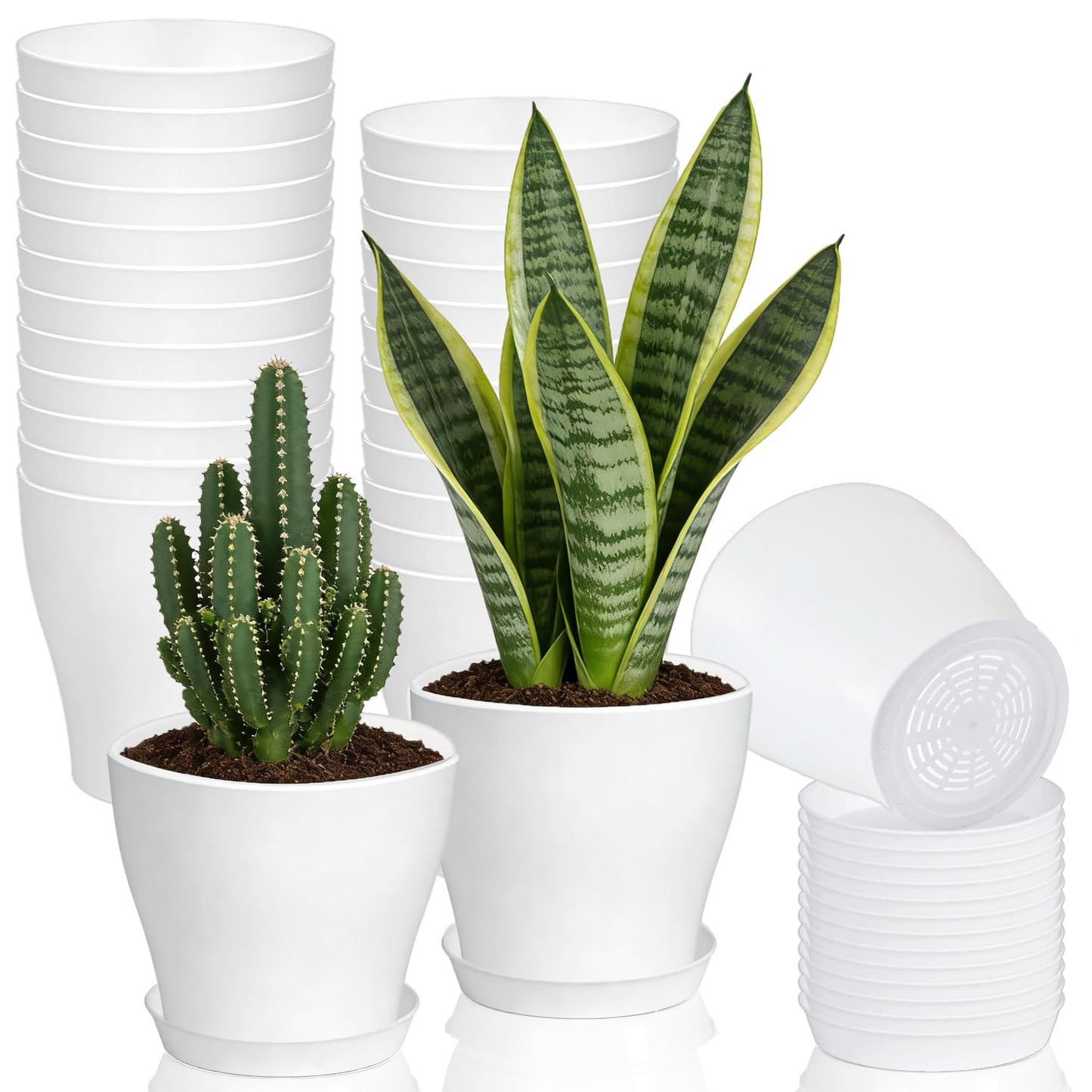 24 Set 4 Inch White Plant Nursery Pots,Plastic Planters Succulent Container with Trays and Drainage Holes for Indoor Outdoor Small Plants,Herbs,Seeds