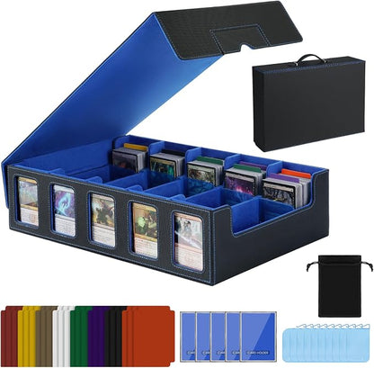 Trading Card Storage Box with Handle, 5-Row Portable Leather Game Case for 4000+ Cards,Blue Card Collection Box with Commander Display Window for MTG, Yugioh, and Sports Cards,Gifts for Card Collector