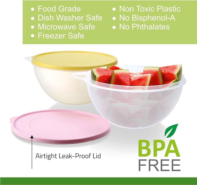 SIGNORA WARE Large Food Storage Containers with Lids Set of 2 – Durable Food Containers with Lids Airtight – Food Grade Non-BPA Plastic Salad Bowl with Lid Leftover Containers – Nestable Design