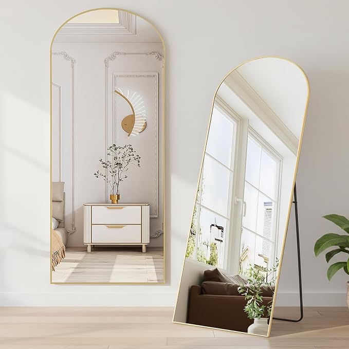 NEWBULIG Arched Mirror Full Length, 56"x21" Body Wall Mirrors with Shatter-Proof Glass, Upgraded Floor Standing Mirror, Hanging or Leaning, with Stand Aluminum Alloy Frame for Home Decor, Gold