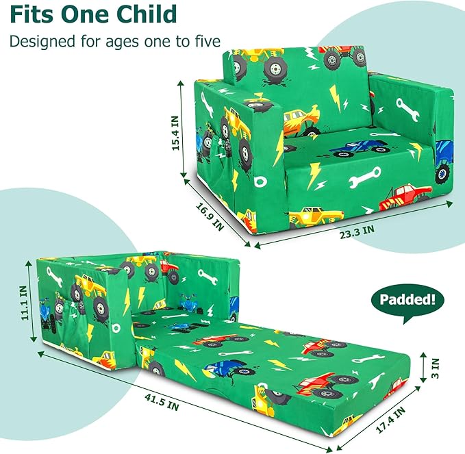 Kids Couch, 2-in-1 Kids Fold Out Sofa, Convertible Toddler Couch to Lounger