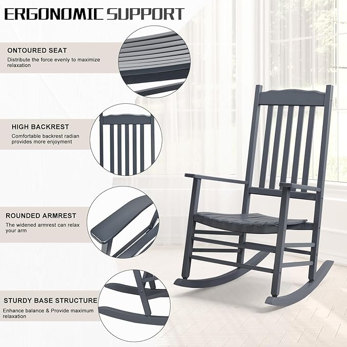 Outvita Outdoor Rocking Chair, Solid Wood High Back Rocker, All Weather Lounge