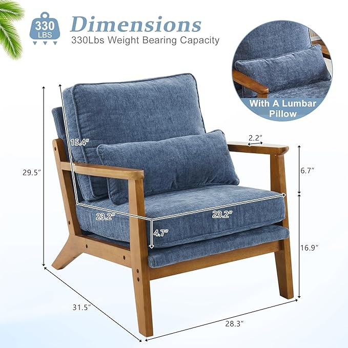 VINGLI Solid Wood Wide Armrests Accent Chair, Upholstered Mid Century Modern