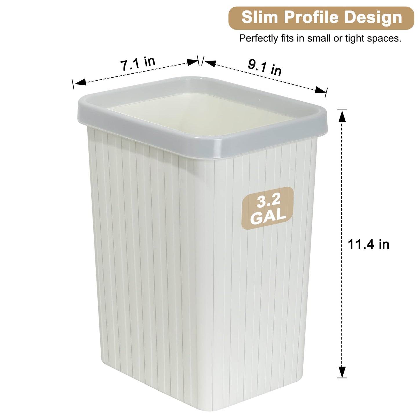 Soddeph 3.2 Gallon Plastic Small Trash Can,Rectangular Wastebasket, Waste Basket,Garbage Container for Bathroom, Kitchen, Bedroom, Office, Home, Dorm Room (1, White)