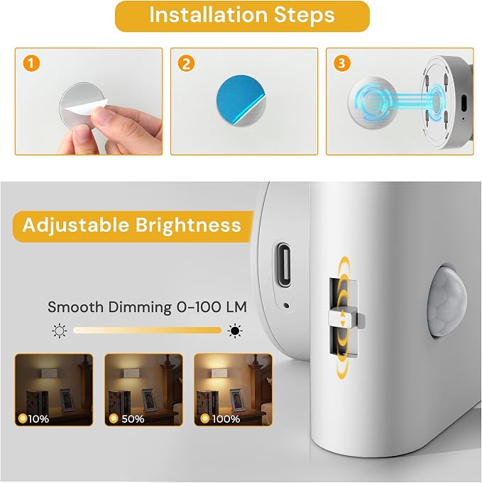 L LOHAS LED Motion Sensor Night Light, Rechargeable Stair Lights Indoor, Portable Warm White Motion Sensor Light Indoor, Battery Operated Night Light for Bedrooms, Stairway & Bathrooms[2 Pack]